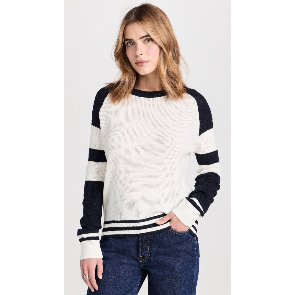 Faherty Throwback Waffle Knit Raglan Sweater White Navy Blue Striped Size Large